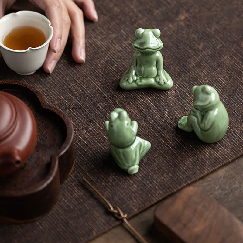 Buddha Stones Mini Small Meditation Lotus Resting Frog Ceramic Wealth Luck Home Tea Pet Figurine Decoration Decorations BS 8