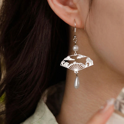 Buddha Stones Copper Fan Auspicious Clouds Pearl Healing Drop Earrings 10