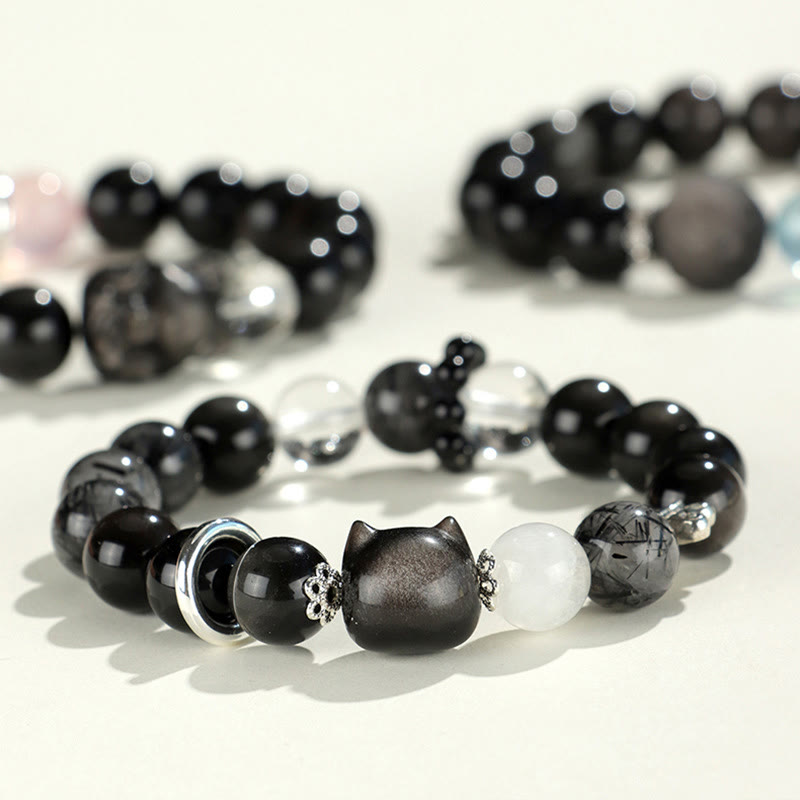 Buddha Stones Natural Silver Sheen Obsidian Cat Head Fox Planet Protection Bracelet Bracelet BS main