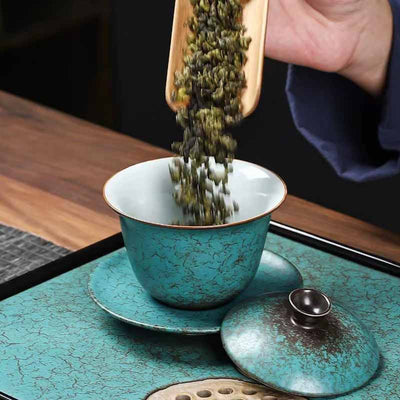 Buddha Stones Traditional Pine Tree Green Ceramic Gaiwan Sancai Teacup Kung Fu Tea Cup And Saucer With Lid Cup BS 10