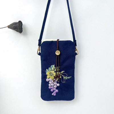 Buddha Stones Small Embroidered Flowers Crossbody Bag Shoulder Bag Cellphone Bag 11*20cm Crossbody Bag BS Dark Blue Grape 11*20cm