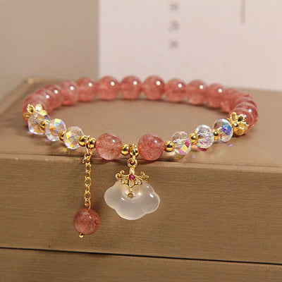 Buddha Stones Natural Strawberry Quartz Crystal White Agate Auspicious Cloud Healing Bracelet Bracelet BS 4