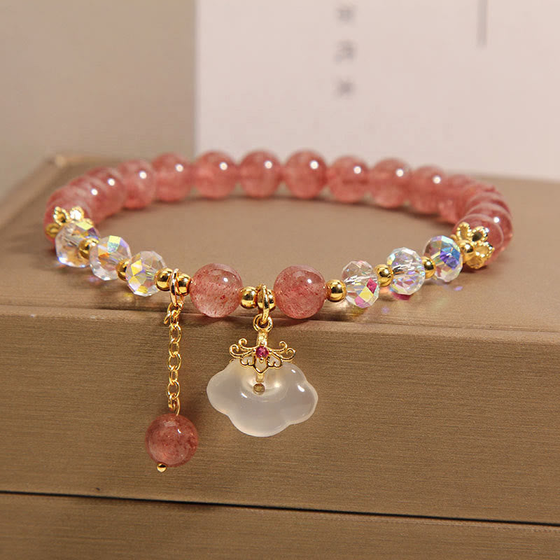 Buddha Stones Natural Strawberry Quartz Crystal White Agate Auspicious Cloud Healing Bracelet Bracelet BS 4