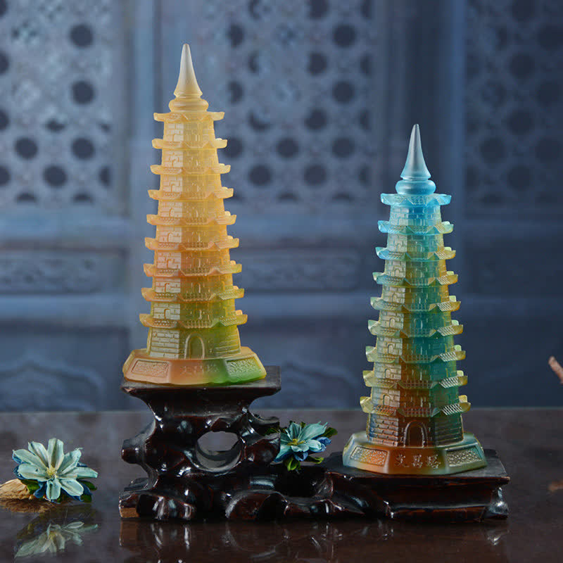 Buddha Stones Feng Shui Wenchang Tower Handmade Liuli Crystal Pagoda Art Piece Luck Home Office Decoration Decorations BS 1
