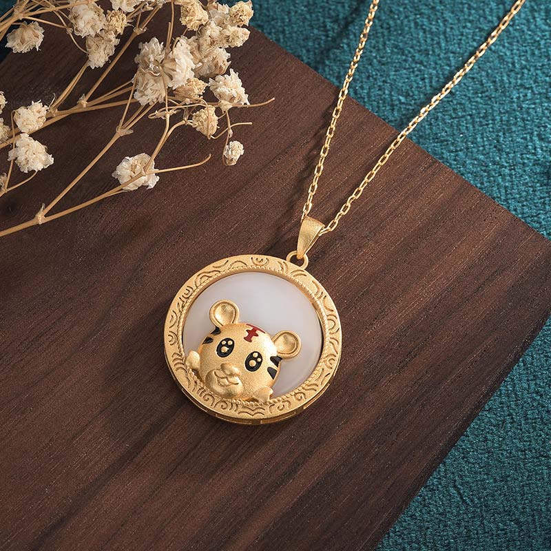 Buddha Stones White Jade Year of the Tiger Blessing Necklace Necklaces & Pendants BS 2