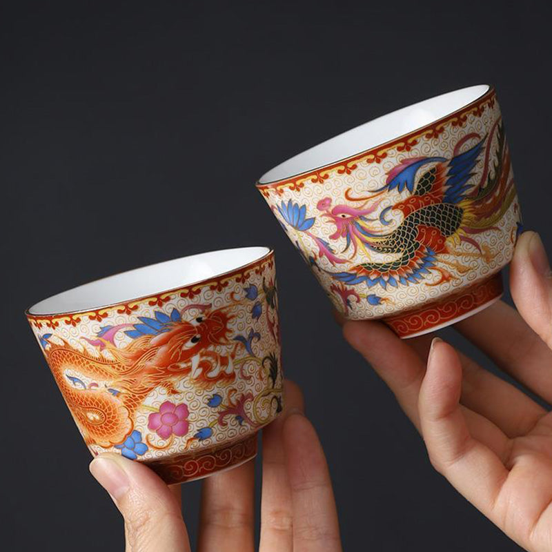Buddha Stones 2Pcs Dragon Phoenix Ceramic Teacup Kung Fu Tea Cups Cup BS 2Pcs Dragon And Phoenix 7.2cm*5.7cm*110ml