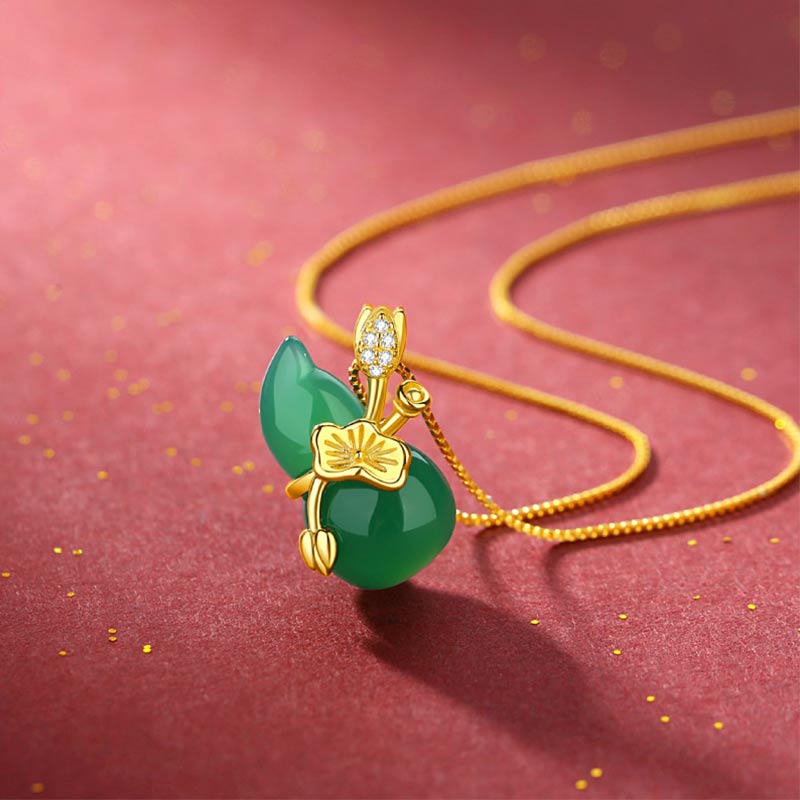 Collier pendentif Foviel en jade cyan en forme de gourde et feuille de lotus, symbole d'abondance