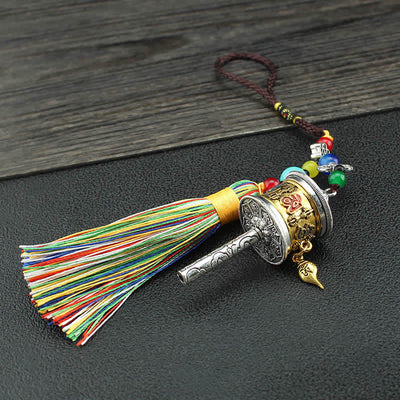 Buddha Stones Tibet Om Mani Padme Hum Prayer Wheel Tassel Bag Car Hanging Decoration Car Hanging Decoration BS 6.2cm*2.5cm