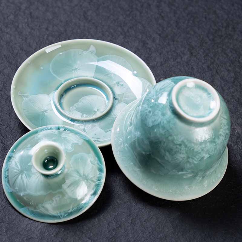 Buddha Stones Traditional Glaze Ceramic Gaiwan Sancai Teacup Kung Fu Tea Cup And Saucer With Lid 180ml Cup BS 7