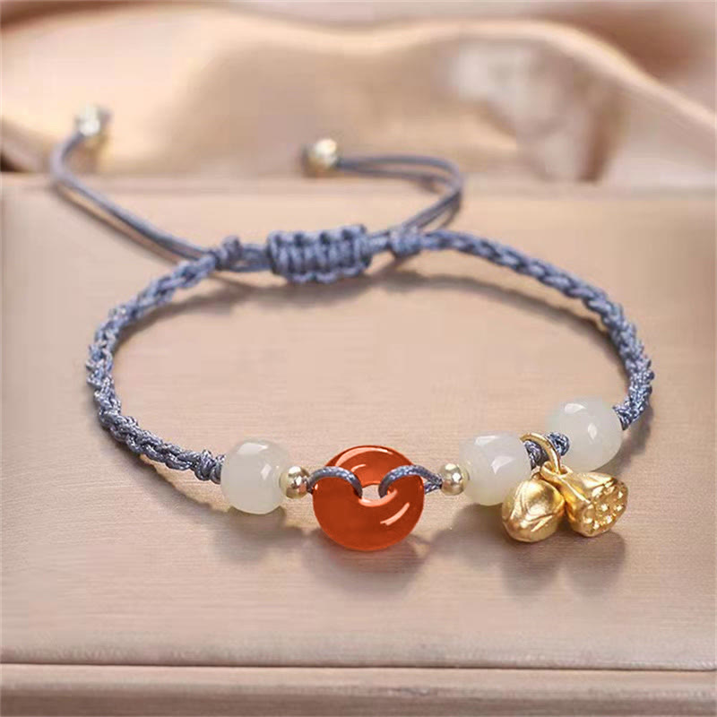 Buddha Stones Red Agate Peace Buckle Jade Lotus Healing Braided Bracelet Bracelet BS Blue(Wrist Circumference 14-18cm)