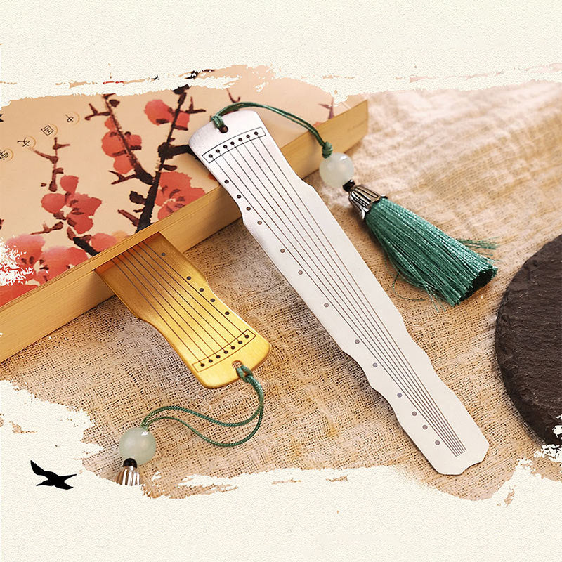 Buddha Stones Classical Musical Instruments Pipa Guzheng Guqin Ruan Metal Bookmarks Tassel With Gift Box Bookmarks BS 25