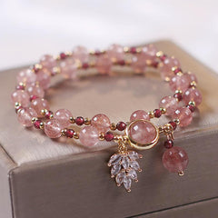 Buddha Stones Natural Strawberry Quartz Love Healing Maple Leaf Charm Double Wrap Bracelet Bracelet BS Strawberry Quartz(Love♥Healing) Bead Size 6mm