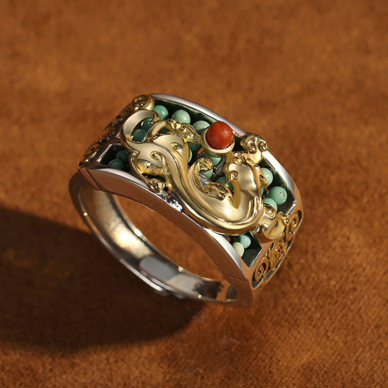 Buddha Stones 925 Sterling Silver Turquoise Red Agate PiXiu Abacus Protection Ring Ring BS 9