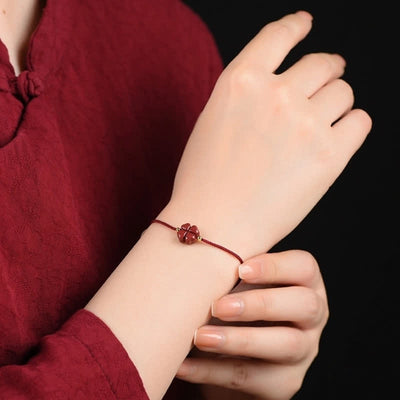 Buddha Stones Natural Cinnabar Four Leaf Clover Blessing Red String Bracelet Anklet Bracelet BS 12