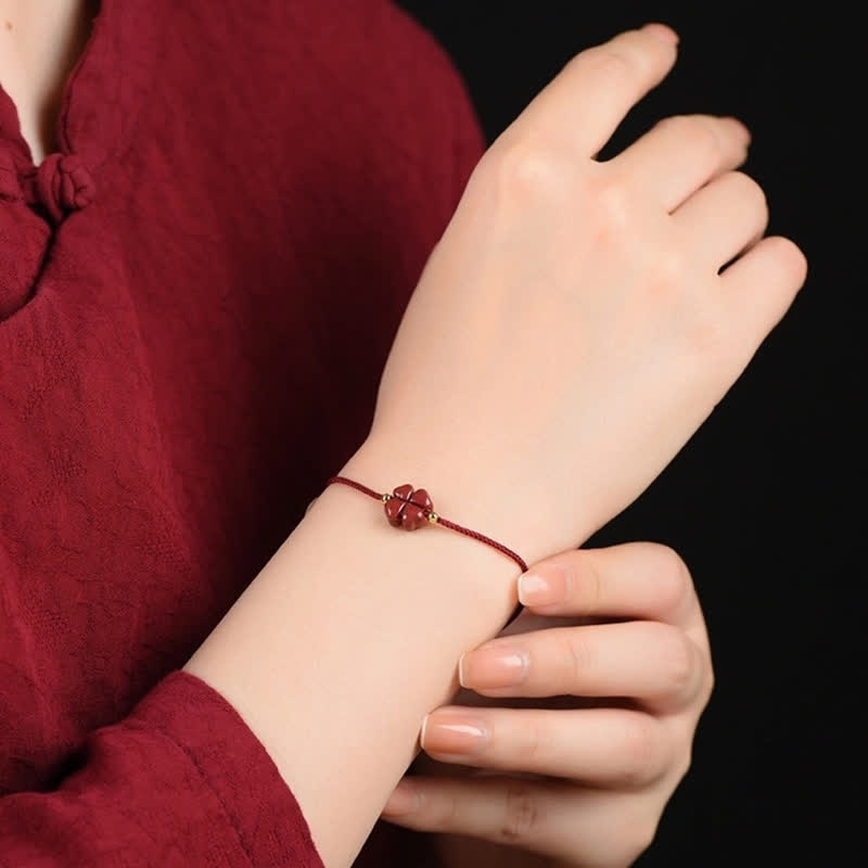 Buddha Stones Natural Cinnabar Four Leaf Clover Blessing Red String Bracelet Anklet Bracelet BS 12