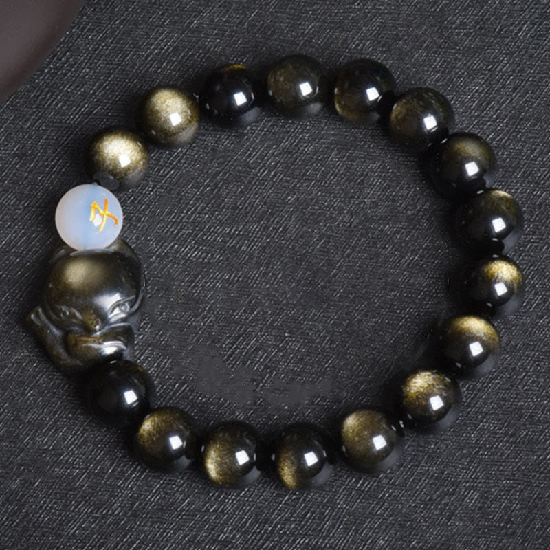 Buddha Stones Natural Rainbow Obsidian Gold Sheen Obsidian Silver Sheen Obsidian Fox Healing Bracelet Bracelet BS 11