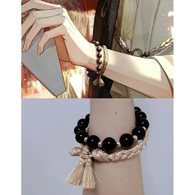 Buddha Stones 2Pcs Black Onyx Bead Support Protection String Bracelet Bracelet BS 7