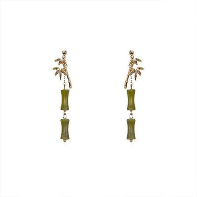 Buddha Stones 925 Sterling Silver Posts Copper Plated Gold Natural Peridot Bamboo Leaf Drop Earrings 8
