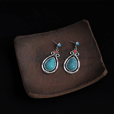 Buddha Stones Tibet Vintage Turquoise Waterdrop Strength Drop Dangle Earrings Clips Earrings BS 3