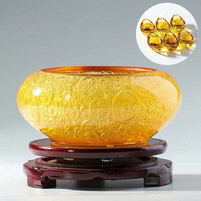 Buddha Stones Handmade Liuli Crystal Treasure Bowl Ingots Art Piece Home Decoration Decorations BS Gold