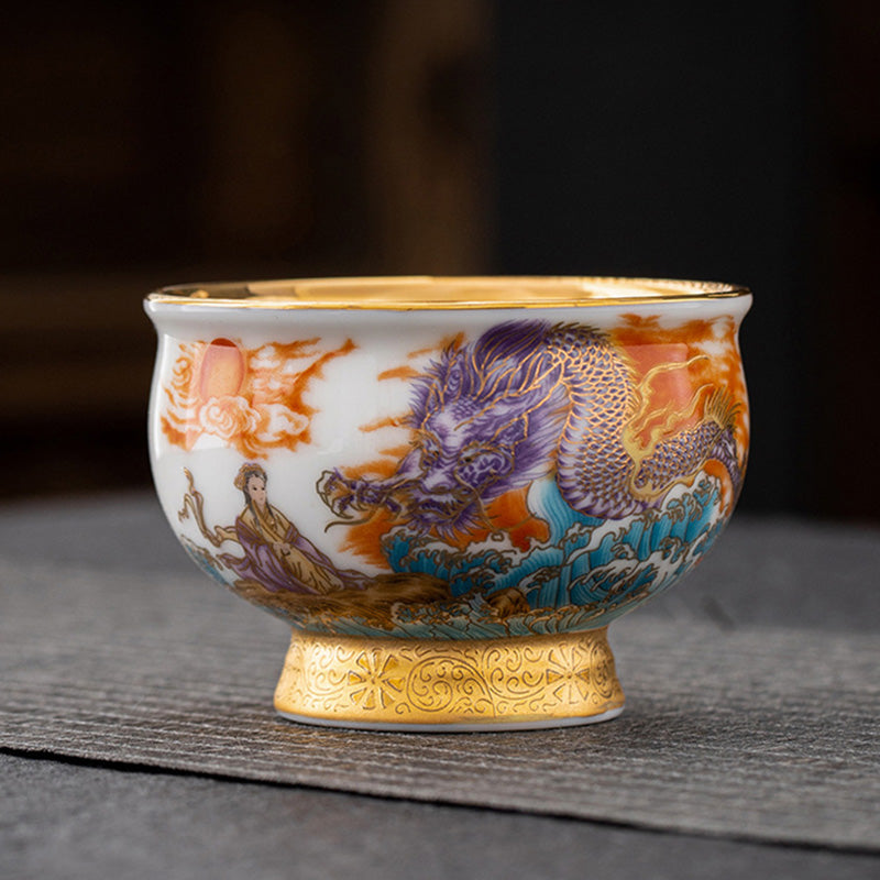 Buddha Stones Golden Eagle Auspicious Dragon Sun Ocean Waves Gilt Ceramic Teacup Kung Fu Tea Cup Cup BS 8