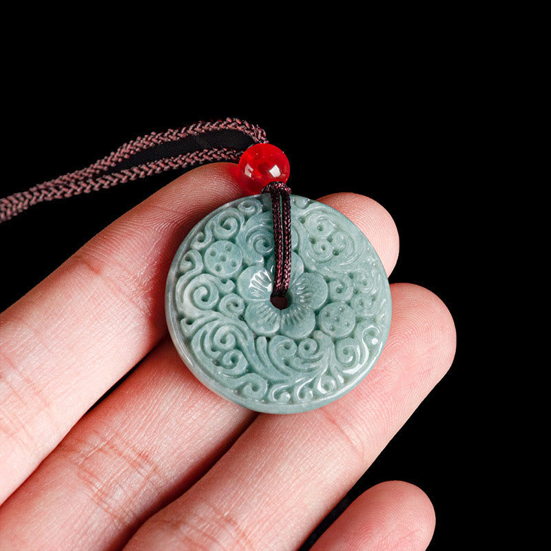 Buddha Stones Green Jade Flower Carved Peace Buckle Abundance Necklace Pendant Necklaces & Pendants BS 7