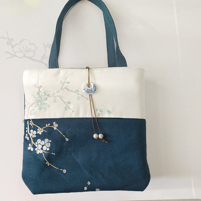 Buddha Stones Pear Flower Plum Peach Blossom Bamboo Embroidery Canvas Large Capacity Shoulder Bag Tote Bag - image 30