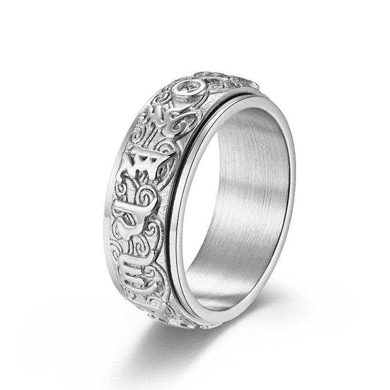 Buddha Stones Six True Words Balance Calm Titanium Steel Ring - Silver - US12 - image 8
