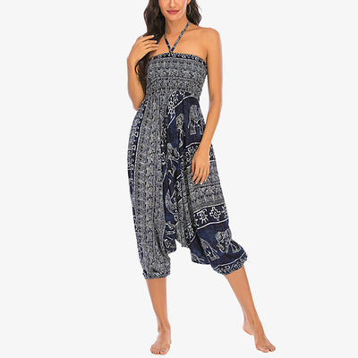 Buddha Stones Two Style Wear Elephant Pattern Loose Smocked Harem Trousers Jumpsuit Women's Yoga Pants Harem Pants&Bodysuit BS 38