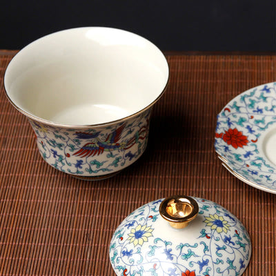 Buddha Stones Retro Plum Blossom Pine Bamboo Phoenix Kirin Ceramic Gaiwan Sancai Teacup Kung Fu Tea Cup and Saucer with Lid Cup BS 7