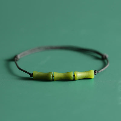 Buddha Stones Green Bamboo Jade Pattern Luck Abundance Bracelet Bracelet BS Green Bamboo Jade Rope Bracelet(Wrist Circumference 14-15cm)