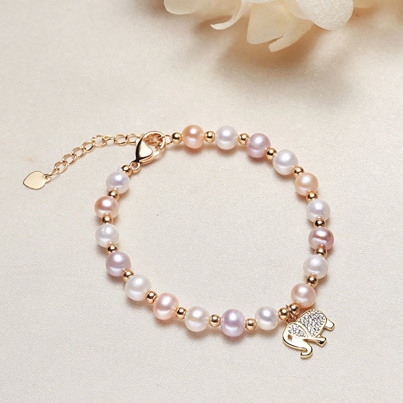 Buddha Stones 18K Gold Plated Pearl Elephant Zircon Charm Sincerity Bracelet Bracelet BS 2