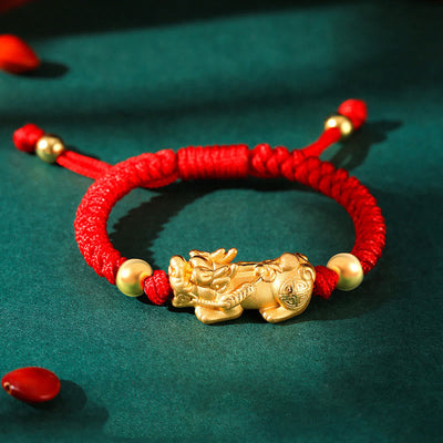 Buddha Stones 999 Sterling Silver PiXiu Wealth King Kong Knot String Braided Kids Child Bracelet Bracelet BS 999 Sterling Silver Golden PiXiu Red Rope(Bracelet Size 12+4cm)