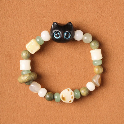 Bracelet de paix Foviel avec tête et patte de chat en graine de Bodhi, bois de santal vert, bois d'ébène et bois de santal rouge à petites feuilles