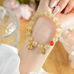 Buddha Stones Natural Golden Rutilated Quartz Fu Character Charm Bell Wealth Bracelet Bracelet BS Rutilated Quartz(Auspiciousness♥Courage)(Wrist Circumference 14-16cm)