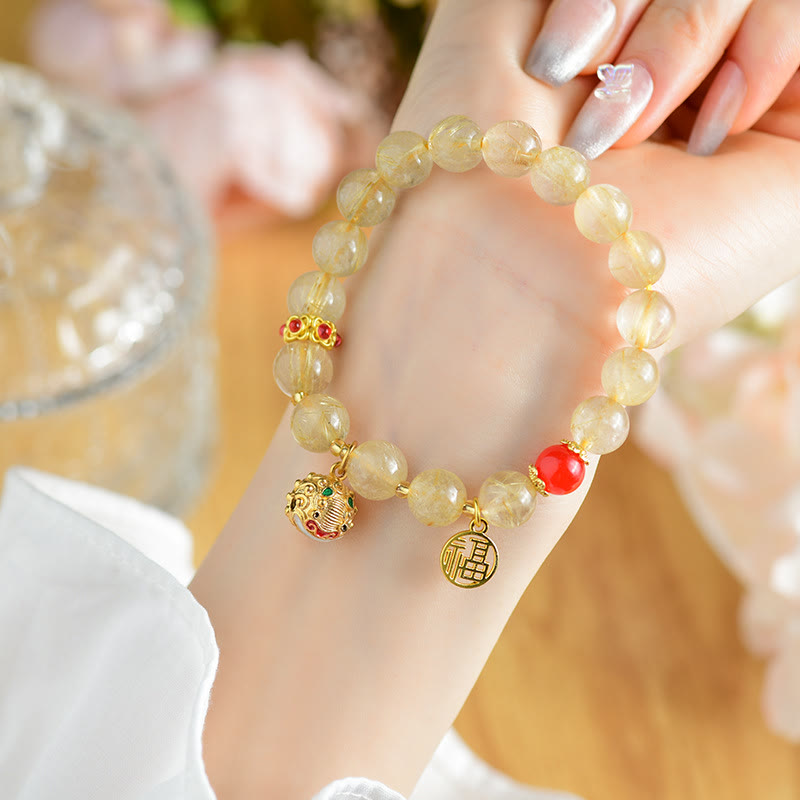 Buddha Stones Natural Golden Rutilated Quartz Fu Character Charm Bell Wealth Bracelet Bracelet BS Rutilated Quartz(Auspiciousness♥Courage)(Wrist Circumference 14-16cm)