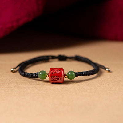 Buddha Stones Tibetan Cinnabar Om Mani Padme Hum Engraved Blessing Braided Rope Bracelet Bracelet BS Black Rope(Wrist Circumference 14-15.5cm)