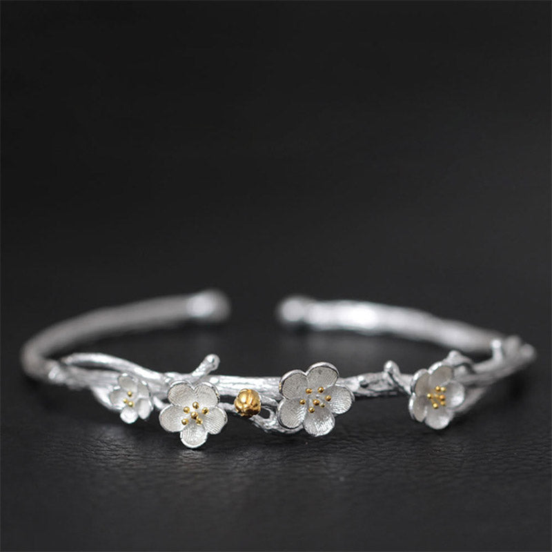 Buddha Stones 925 Sterling Silver Plum Flower Blessing Bracelet Adjustable Bangle Bracelet BS 12