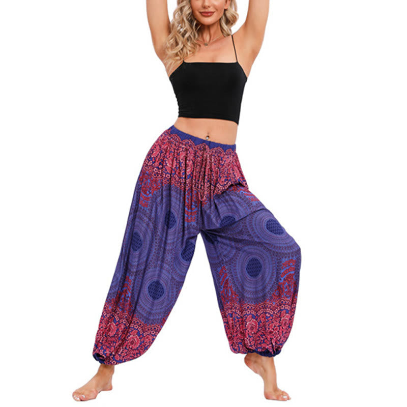 Buddha Stones Loose Circle-shaped Flowers Pattern Harem Trousers Women's Yoga Pants Women's Harem Pants BS Purple(Waist 60-95cm/Hips 170cm/Length 98cm)