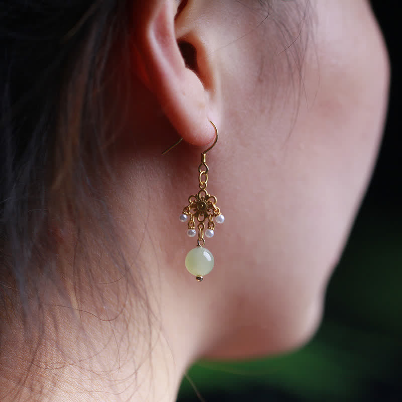 Hetian Jade Flower Pattern 14K Gold Plated Luck Drop Dangle Earrings - image 2