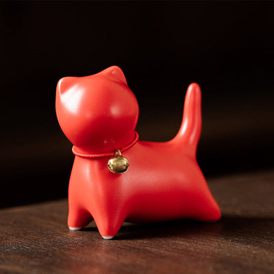 Buddha Stones Mini Small Cute Cat Tea Pet Ceramic Home Desk Figurine Decoration Decorations BS Standing Cat 5*2.5*4.5cm Red
