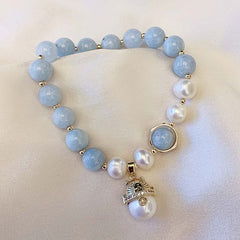 Buddha Stones Aquamarine Pearl Peace Healing Lucky Cat Charm Bracelet Bracelet BS Aquamarine