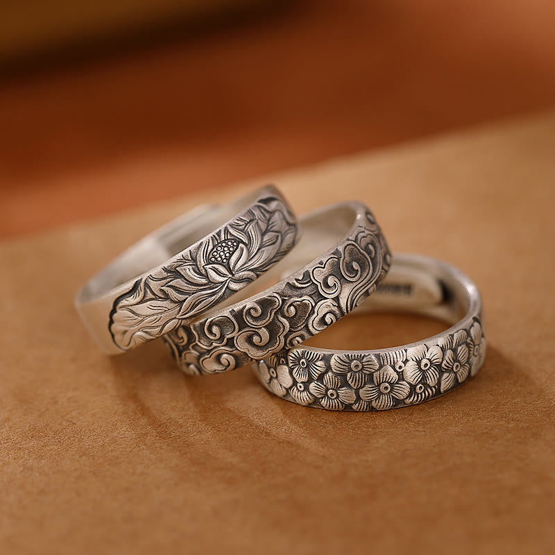 Foviel 999 Sterling Silver Lotus Flower Plum Blossom Auspicious Clouds Engraved Enlightenment Ring