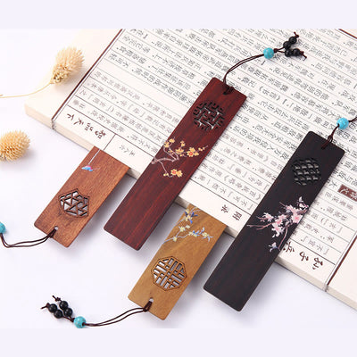 Buddha Stones 4Pcs Four Seasons Plum Orchid Bamboo Chrysanthemum Peking Opera Mask Wood Bookmarks With Gift Box Bookmarks BS 9