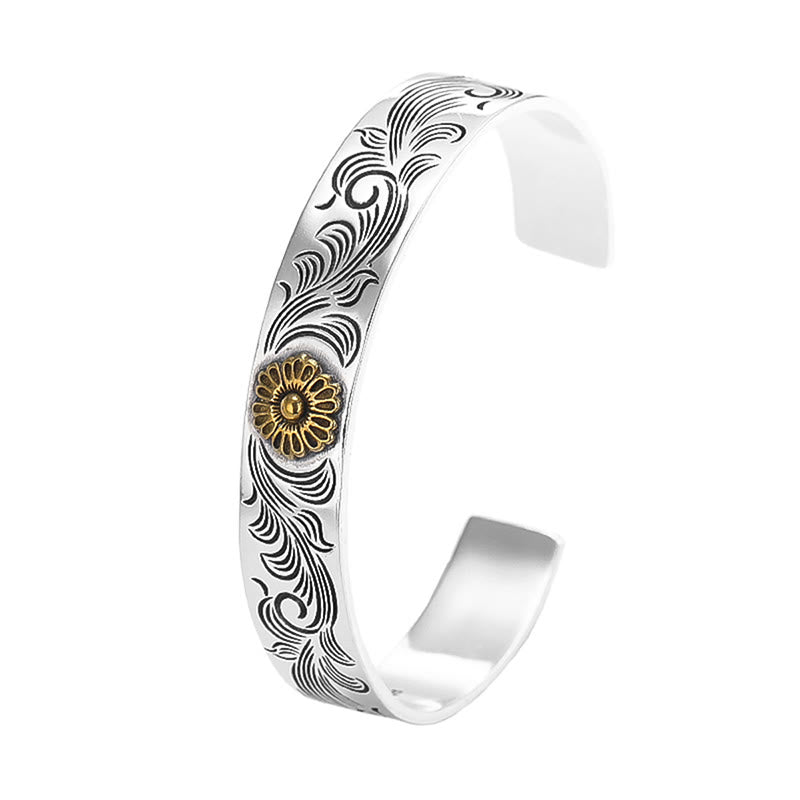 Buddha Stones Tang Dynasty Flower Design Rose Flower Feather Carved Copper Luck Bracelet Bangle Bracelet Bangle BS 3