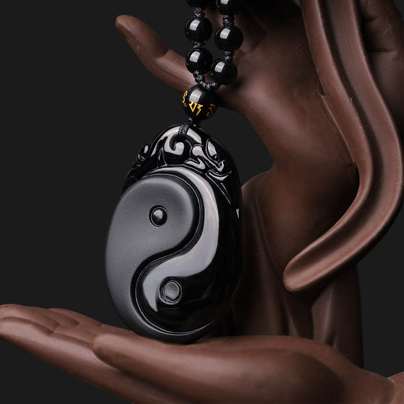 Buddha Stones Natural Black Obsidian Yin Yang Fulfilment Strength Necklace Pendant Necklaces & Pendants BS 3