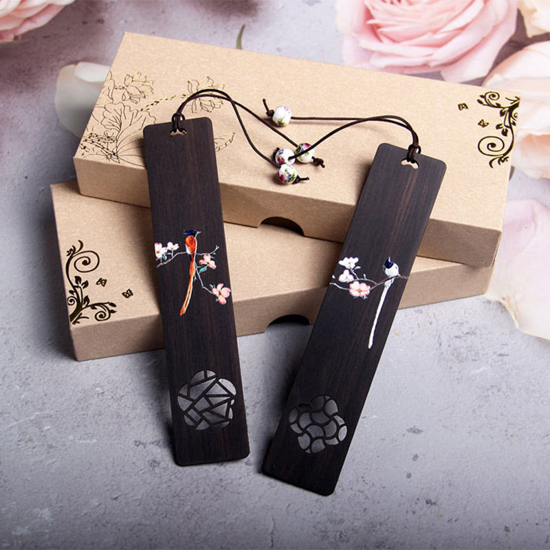 Buddha Stones Oriole Bird Flower Ebony Wood Bookmarks With Gift Box Bookmarks BS 7