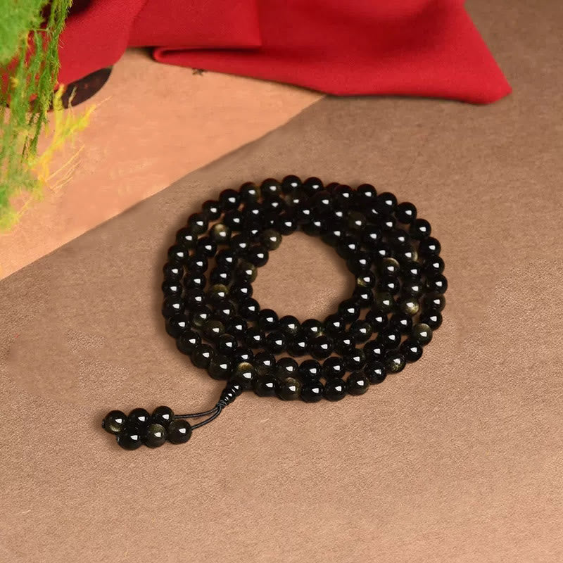 Buddha Stones 108 Mala Beads Natural Gold Sheen Obsidian Wealth Bracelet Mala Bracelet BS 9