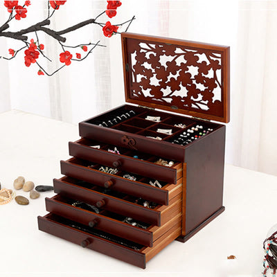 Buddha Stones Vintage Plum Blossom Carved Wooden Jewelry Box Six-Layer Jewelry Storage Box Jewelry Box BS 3
