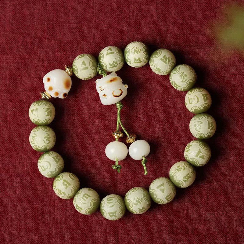 Buddha Stones Green Bodhi Seed Cat Paw Om Mani Padme Hum Engraved Wisdom Bracelet Bracelet BS 2